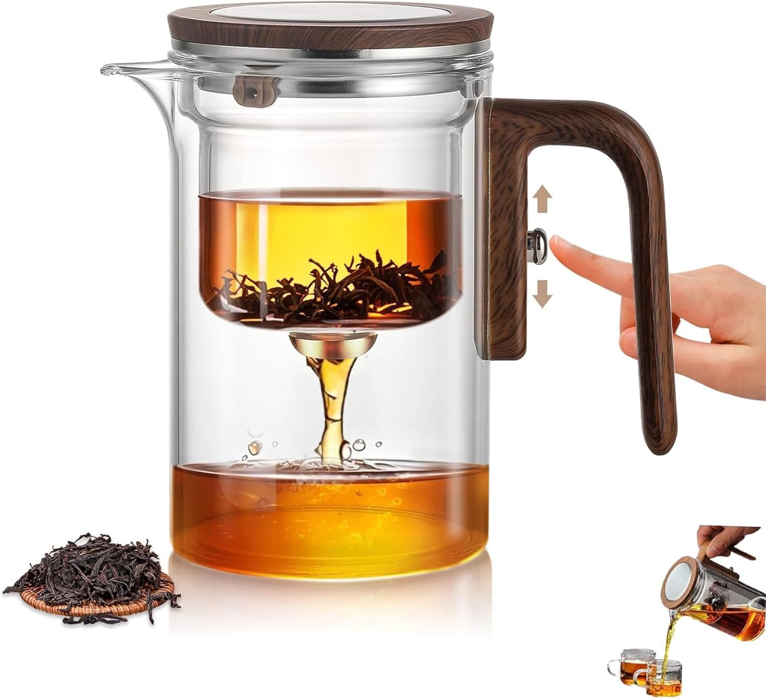 Magnetischer Teekessel aus Glas, 600 ml, Borosilikat-Topf mit Deckel und Sieb für losen Kräutertee, Hexerei-Design, Holzfarbe, perfekt für Teeliebhaber