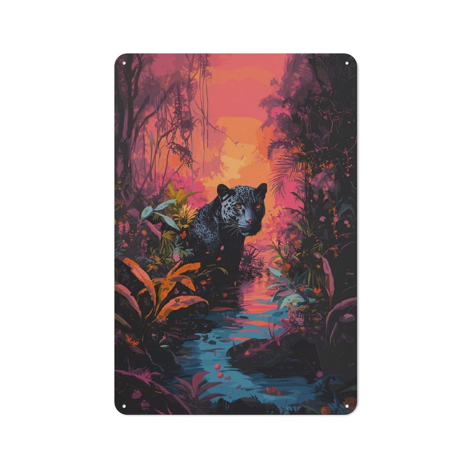 Junmoney Style-5 Tin Wall Plaque 30X20cm With Black Panther In Jungle Poster, Picture, Metal Print, Paint By Omar Kanan For Studio Or Craft Room, For Home Interiors, Feature Walls And Decorative Displays