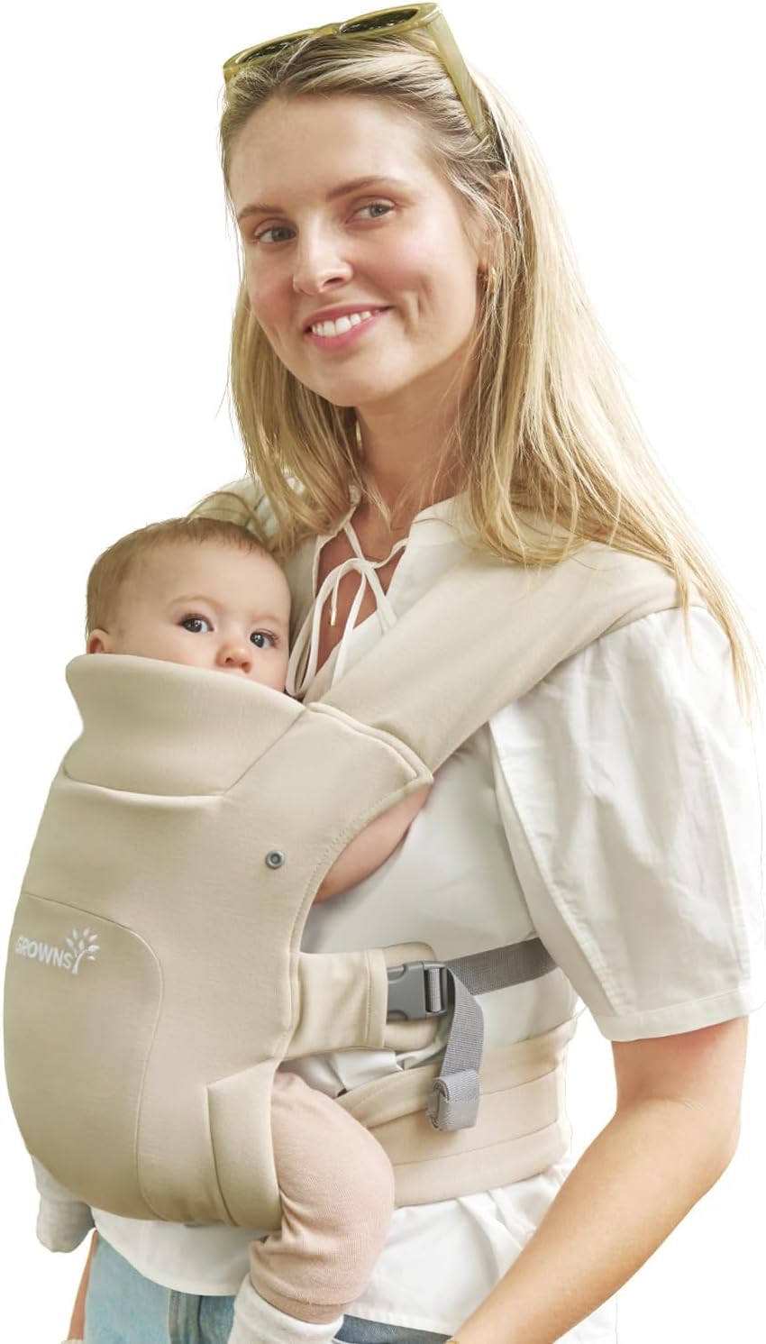 GROWNSY Ergonomic Baby Carrier Newborn to Toddler with Head Support, Beige | Ergonomic M-Position, Foldable Head & Neck Support, Soft & Breathable Fabric, EVA Waist Cushion, Hassle-Free Fastener Buckle