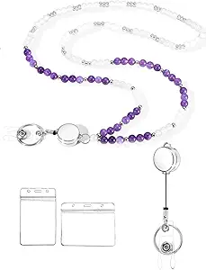 COTATI Teacher Lanyard for Id Badges and Keys,Retractable Beaded Cute Lanyards for Women Card Badge Holder (Silver-Purple)