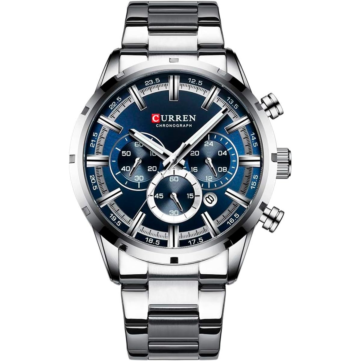CURREN Reloj de Pulsera para Hombre, Análogo, con Fechador, Cronógrafo, Robusto y Extensible de Acero Inoxidable, Elegante y Moderno, Broche a Presión, Plateado, m, pulsera