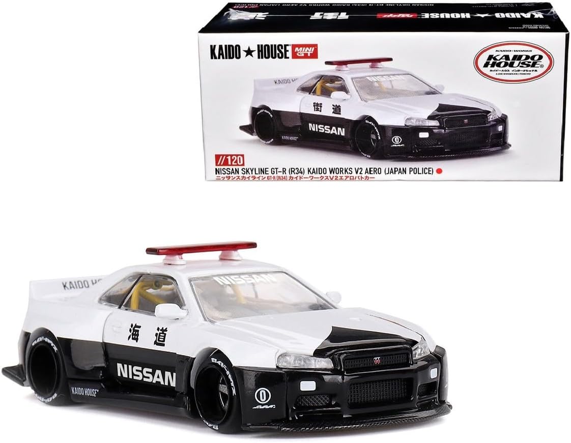 Skyline GT-R (R34) Kaido Works (V2 Aero) RHD (Right Hand Drive) Black and White Japan Police (Designed by Jun Imai) Kaido House Special 1/64 Diecast Model Car by Mini GT KHMG120