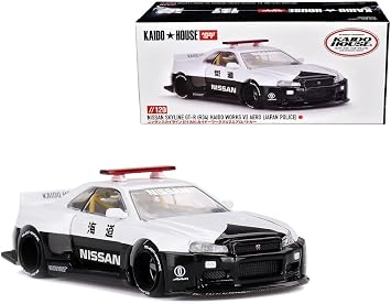 Skyline GT-R R34 Kaido Works V2 Aero RHD Right Hand Drive Black and White Japan Police Designed by Jun Imai Kaido House Special 1/64 Diecast Model Car by Mini GT KHMG120