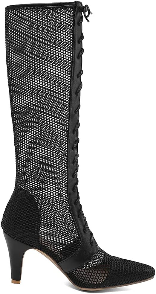 KOKOMOMO Womens Mesh Cutout Summer Knee High Boots Lace Up High Heel Pointed Toe Sandals