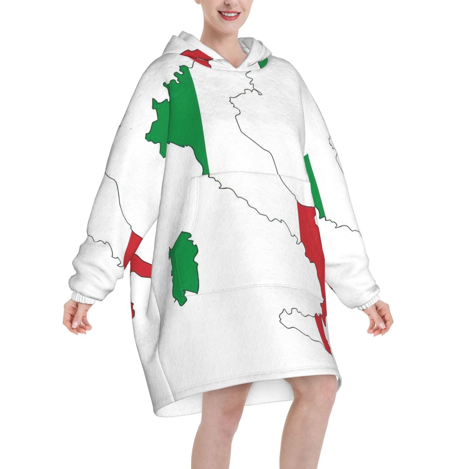 Manta cálida y acogedora con estampado de mapa de la bandera italiana, manta gruesa de franela con capucha con mangas y bolsillo gigante