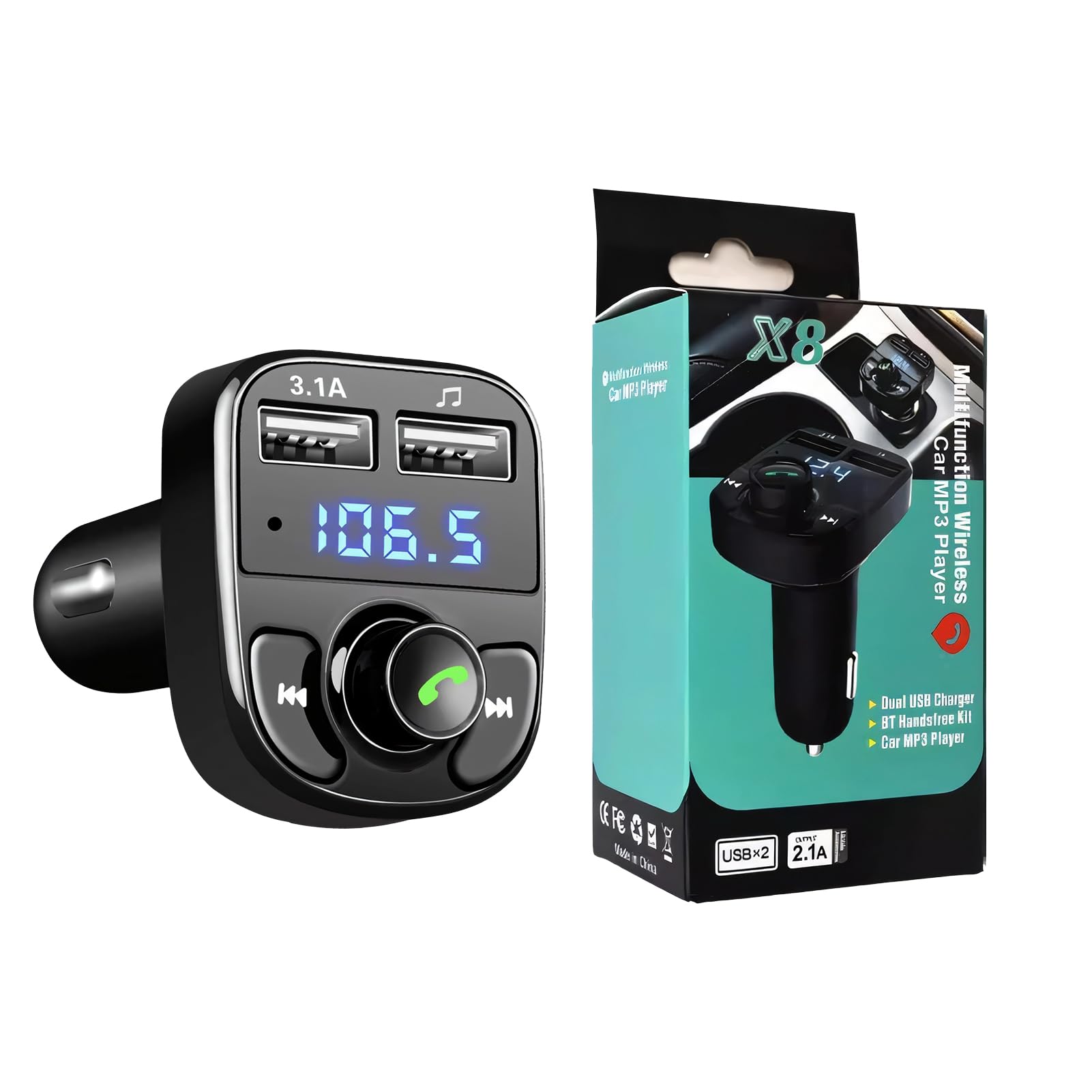 Manos Libres Coche Bluetooth – Transmisor FM Bluetooth Coche con PD 3.1A, Doble USB, Reproductor MP3, Llamadas Manos Libres, Adaptador Mechero MP3 pour Mapournos Libres, Asistente Siri/Musica