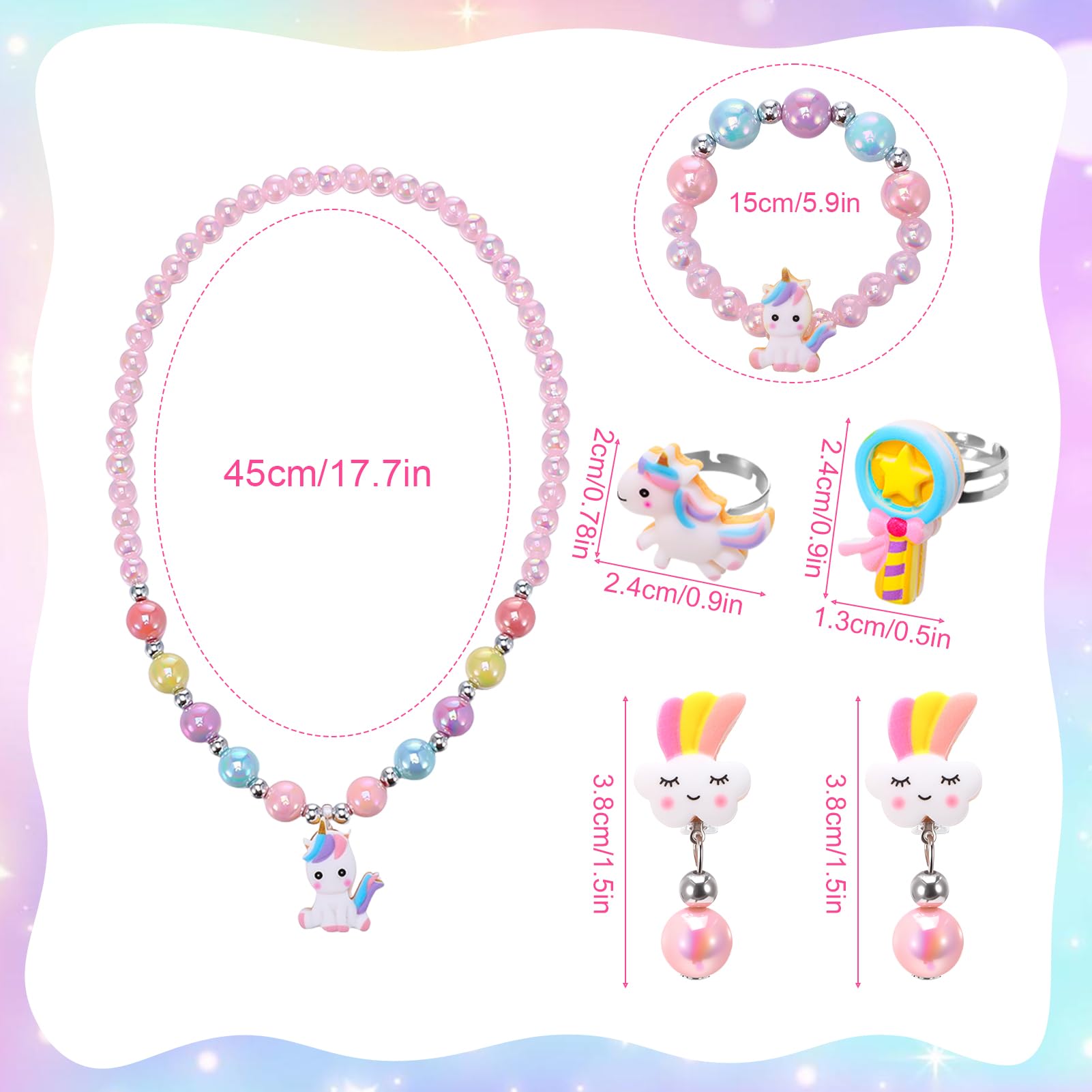 ViEinkaufen Confezione da 13 gioielli per bambini, regali a forma di unicorno, giocattoli per bambine di 4, 5 e 6 anni, con borsa a tracolla, portamonete, collana, braccialetto, adesivi, ideali per
