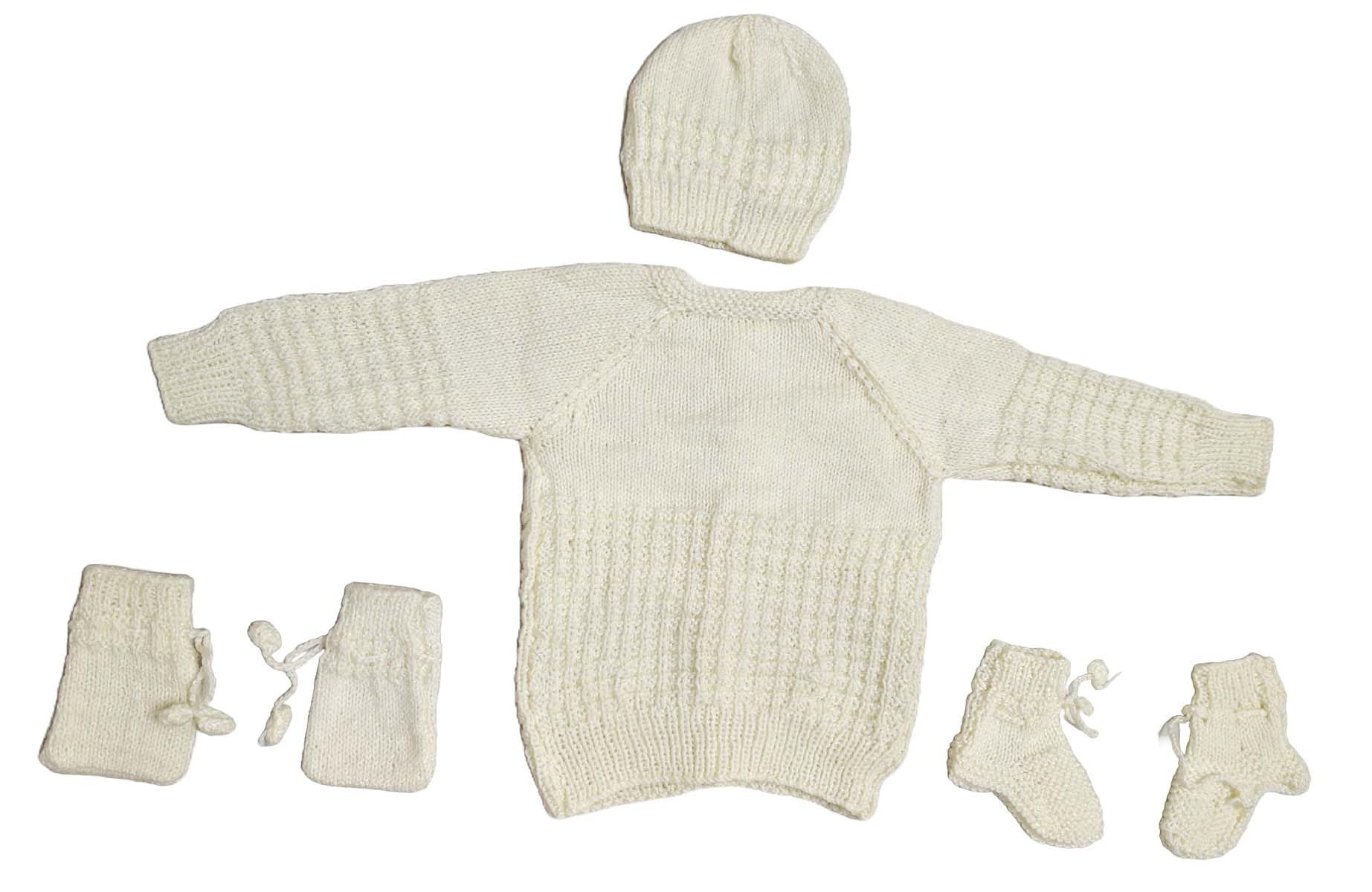Cute Collection Handmade Woolen Sweater with Cap and Pair of Socks and Mitten Set Ideal for Winter 6 to 12 Months Baby Girls & Boys and New Born Baby (Cream) 2