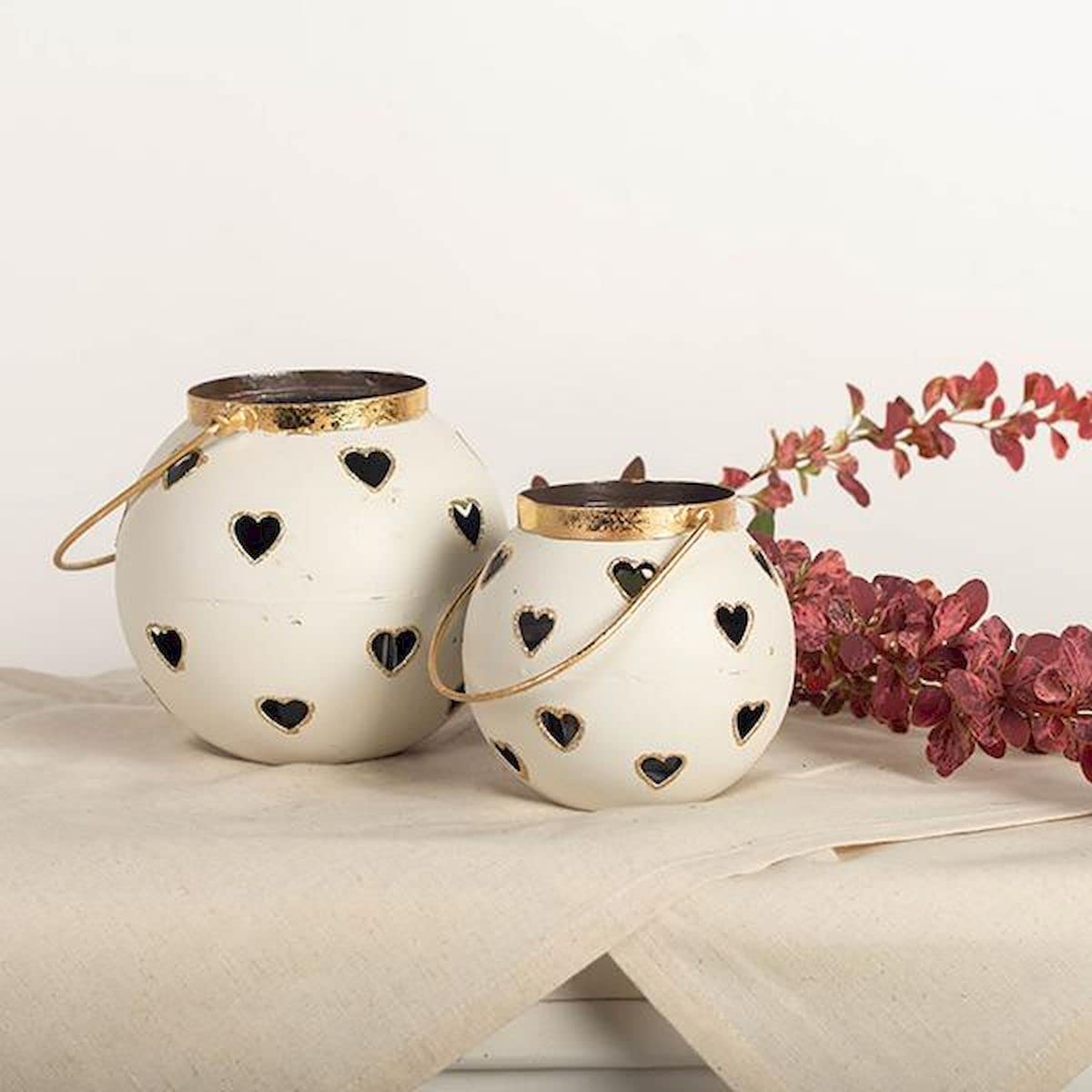 Round with Heart Cut Outs & Gold Handles Candle Lanterns - Set of 2