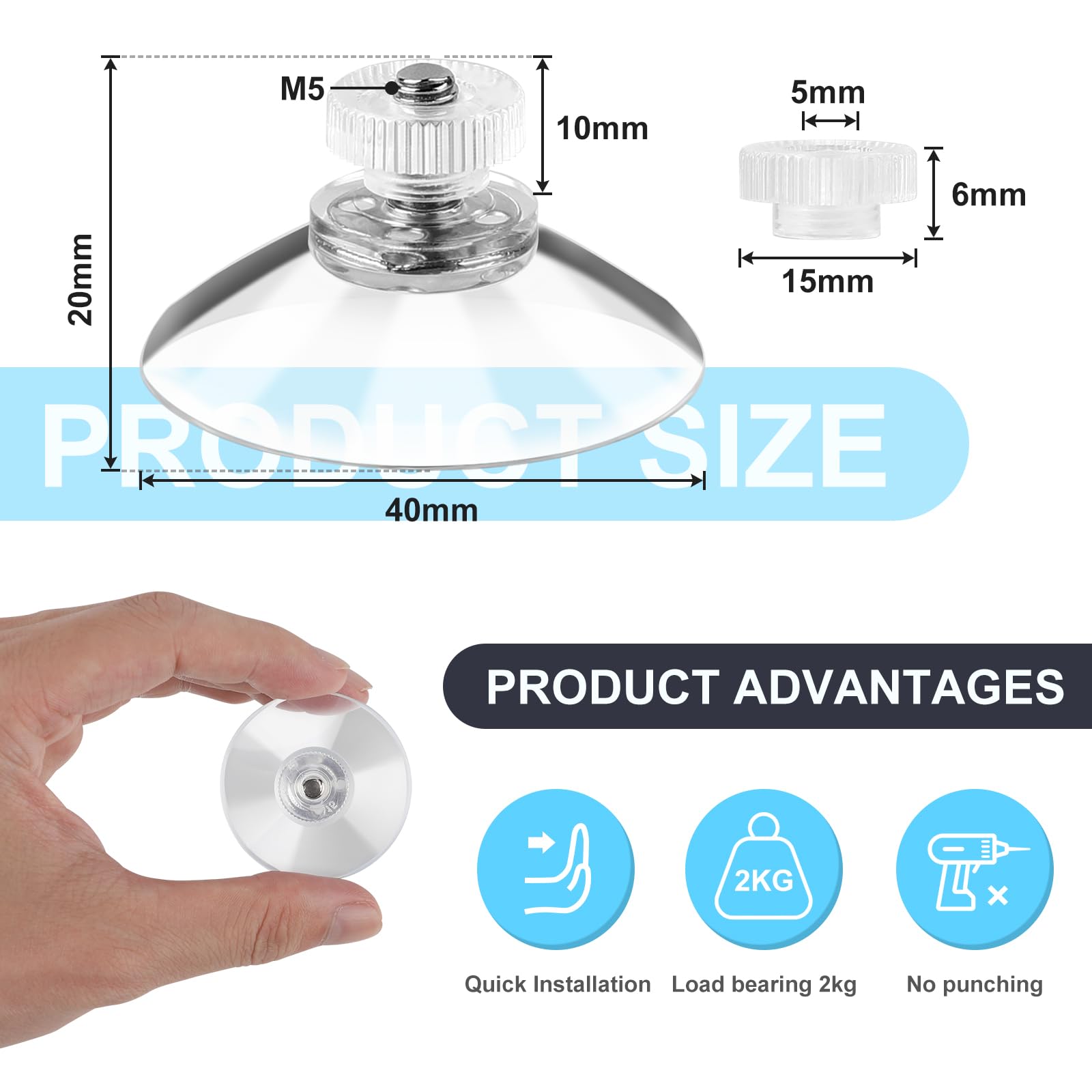 EFUTURETIME 20 X Ventosa Filettata Ø 40 mm, Ventosa Trasparenti M5, Ventose in PVC senza Foratura per Vetro, Auto, Decorazione, Sospensione