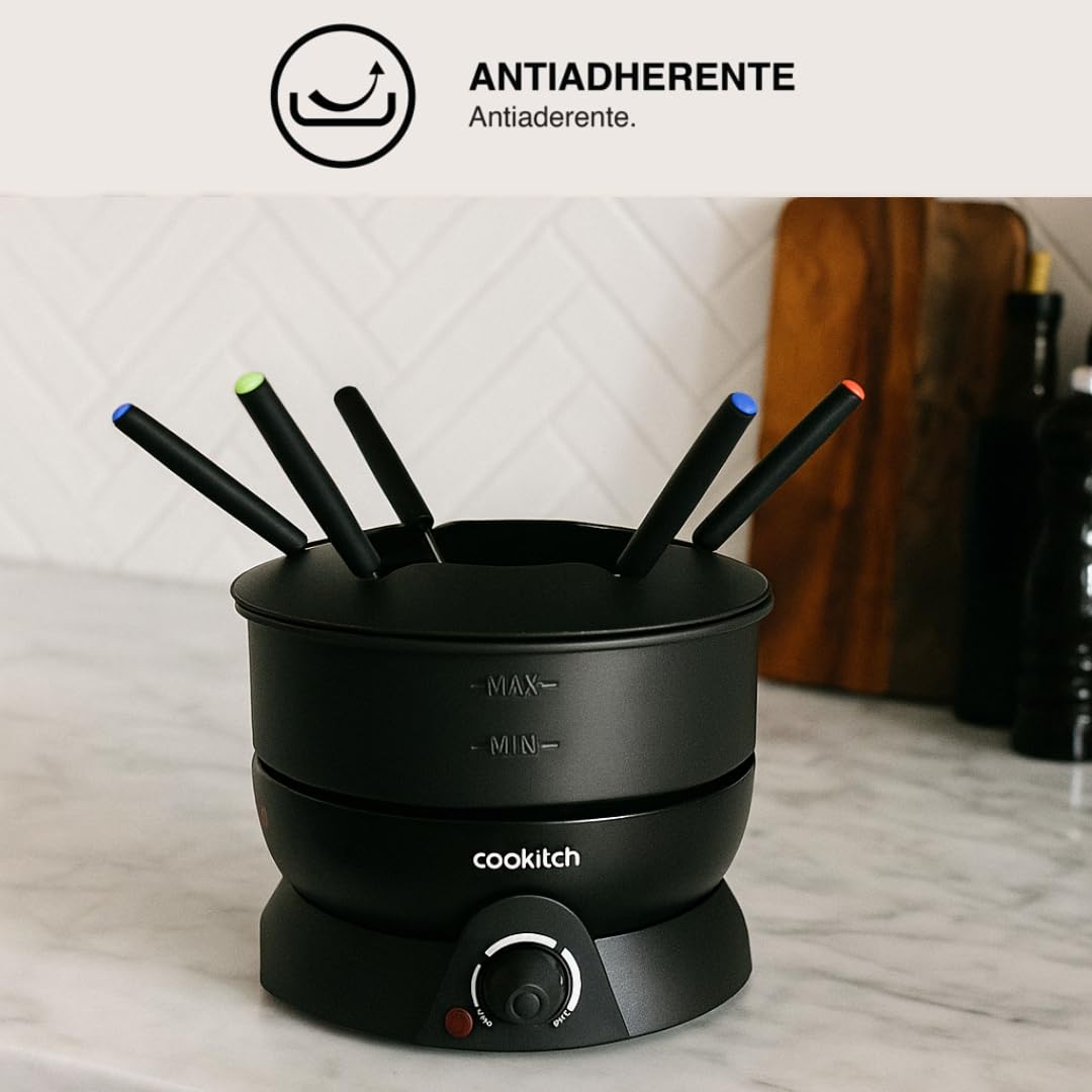 Fondue Eléctrico para 6 Personas, Fondue para Queso, Chocolate, Carne, Caldo y Más, Capacidad de 1.3L, Antiadherente, Termostato Regulável