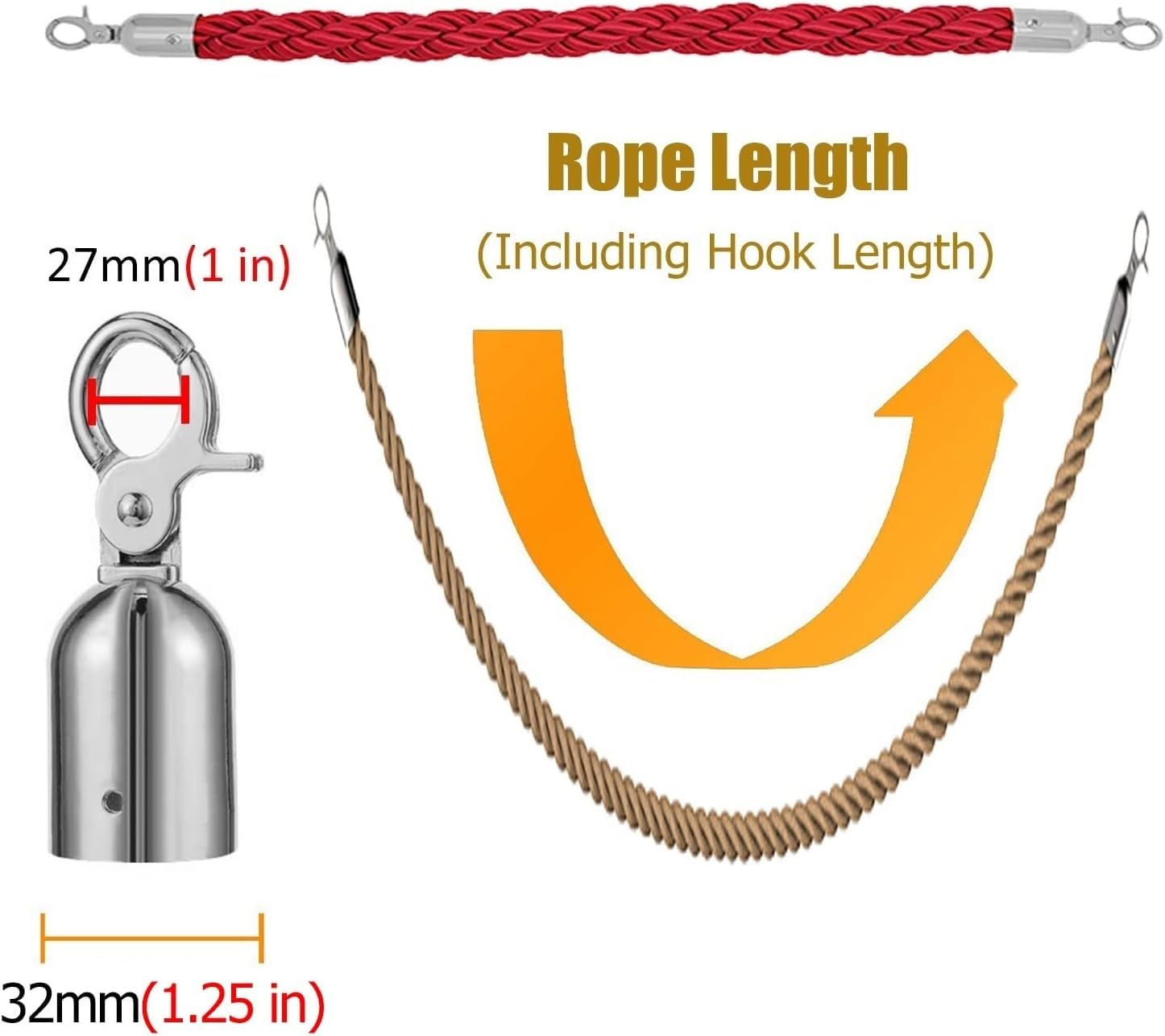 Cuerda trenzada con mosquetón de acero inoxidable, para control de multitudes al aire libre, cuerda de seguridad, conector resistente para una gestión eficaz de colas
