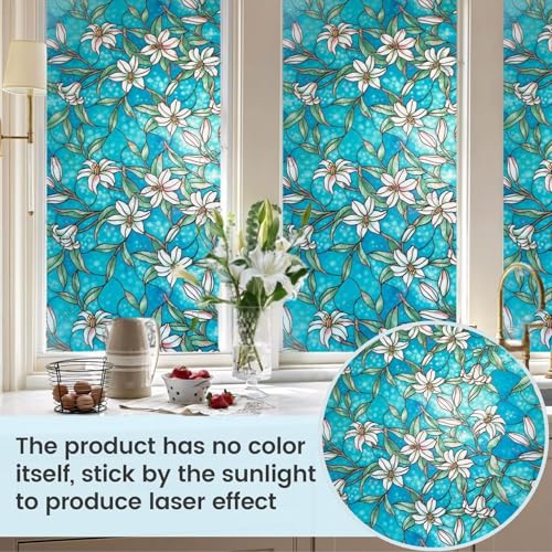 Image of CREON Blue Lily Orchid Flower Pattern (24 X 48 Inch) Decorative Window Privacy Film, Heat Control Sun Blocking Stained Glass Window for Bathroom Front Door
