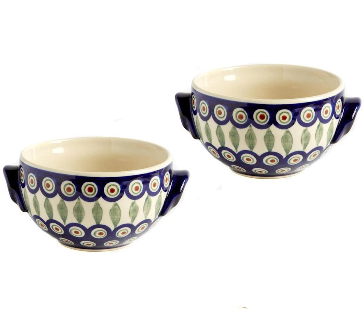 Polish Pottery Peacock Feathers Blue Floral Soup Bowls with Handles, 6”L x6”W x 3”H (Set of 2)