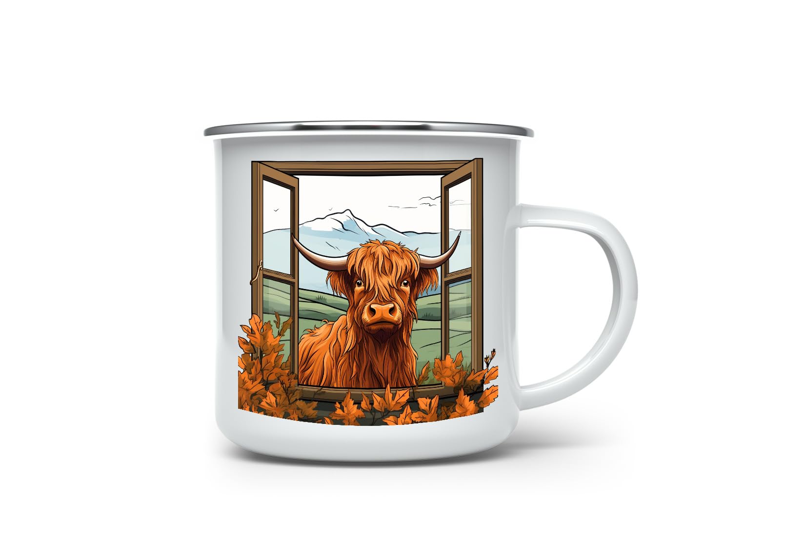 MAXIKIWI - Durable Enamel Coffee or Tea Camping Mug for Indoor Outdoor Use - Funny Highland Cow Outside The - 350ml