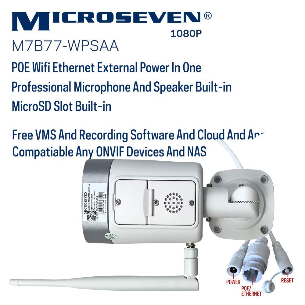 Amazon.com : Microseven(2019) HD 1080P/30fps [WiFi+PoE] Two-Way  Talk,Built-in Amplified Mic &Speaker, Alexa,Outdoor IP Camera,128GB Slot,  Day&Night(IR Lights On/Off), Web GUI&Apps,VMS,Free 24hr Cloud Storage :  Electronics