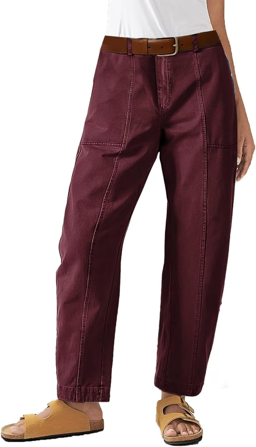 Flamingals Women’s Mid Waist Crop Pants Carrot Straight Leg Casual Fashion Trendy Stitch Detail Pants