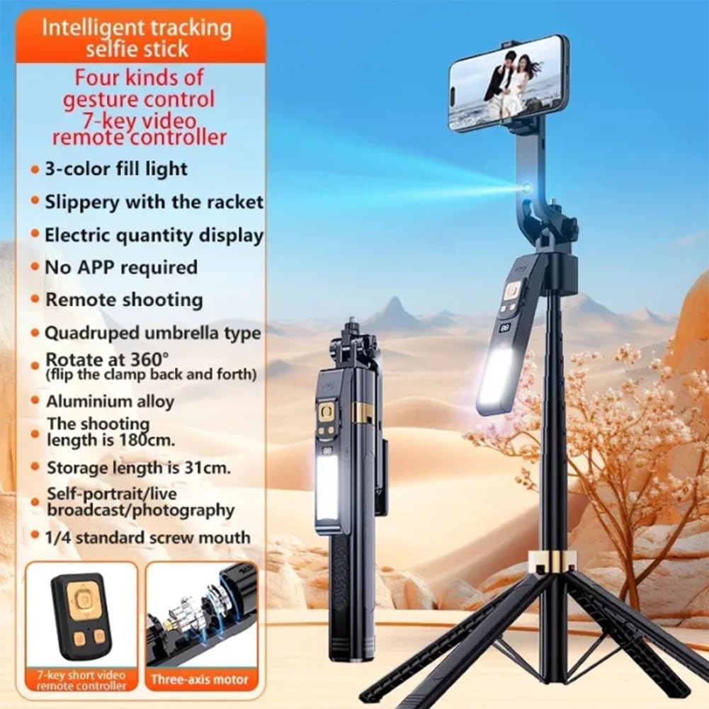 CL12P 180CM Bastone per Selfie Automatico con Tracciamento Facciale AI, Supporto Quad, Rotazione A 360 Gradi, Stabilizzatore Gimbal, Luce di Riempimento LED.