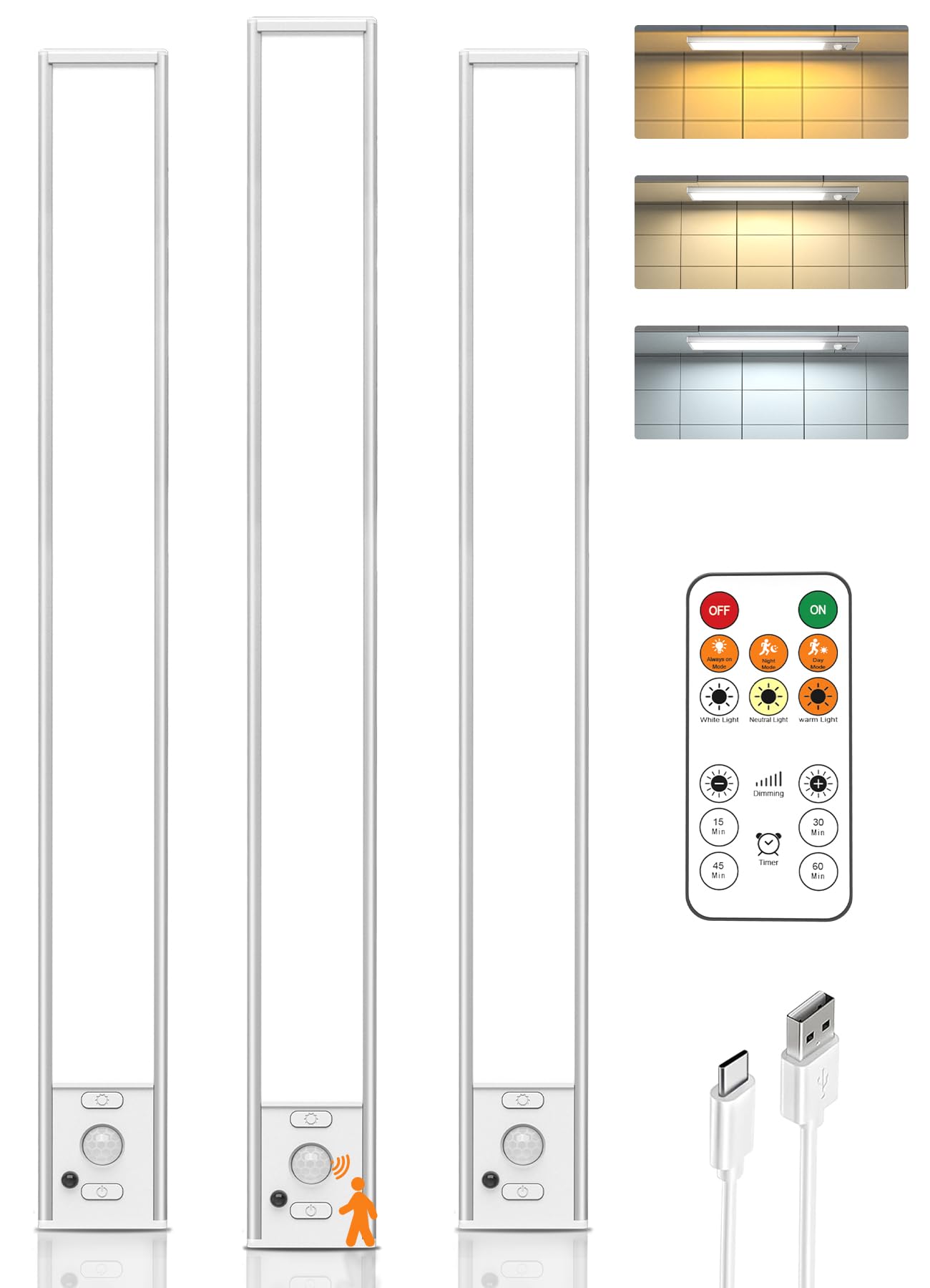 Photo 1 of 16in Under Cabinet Lighting with Remote, LED Motion Sensor Light Indoor, Rechargeable Closet Lights Wireless, Dimmable, 3 Color Temps, Magnetic Under Counter Lights for Kitchen, Pantry, Stair, 3 Pack