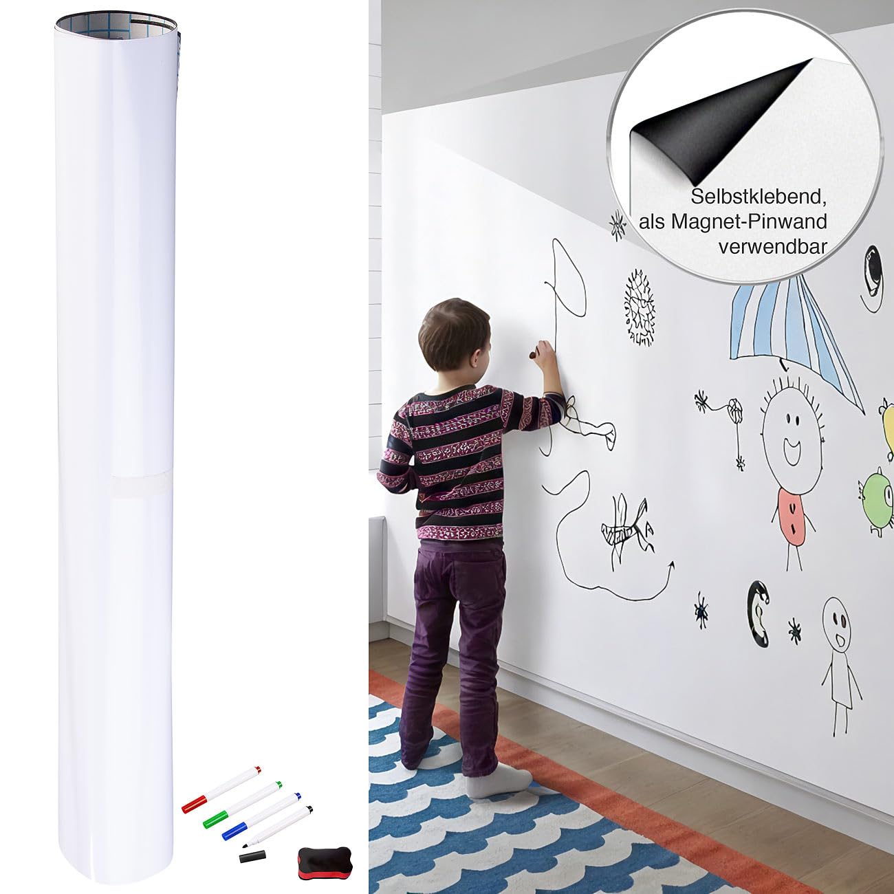 infactory Magnetfolien Kühlschrank: Magnetische Whiteboard-Folie, selbstklebend, 4 Marker, 120 x 90 cm (Whiteboard Folie beschreibbar, Pinboard, Stifte)