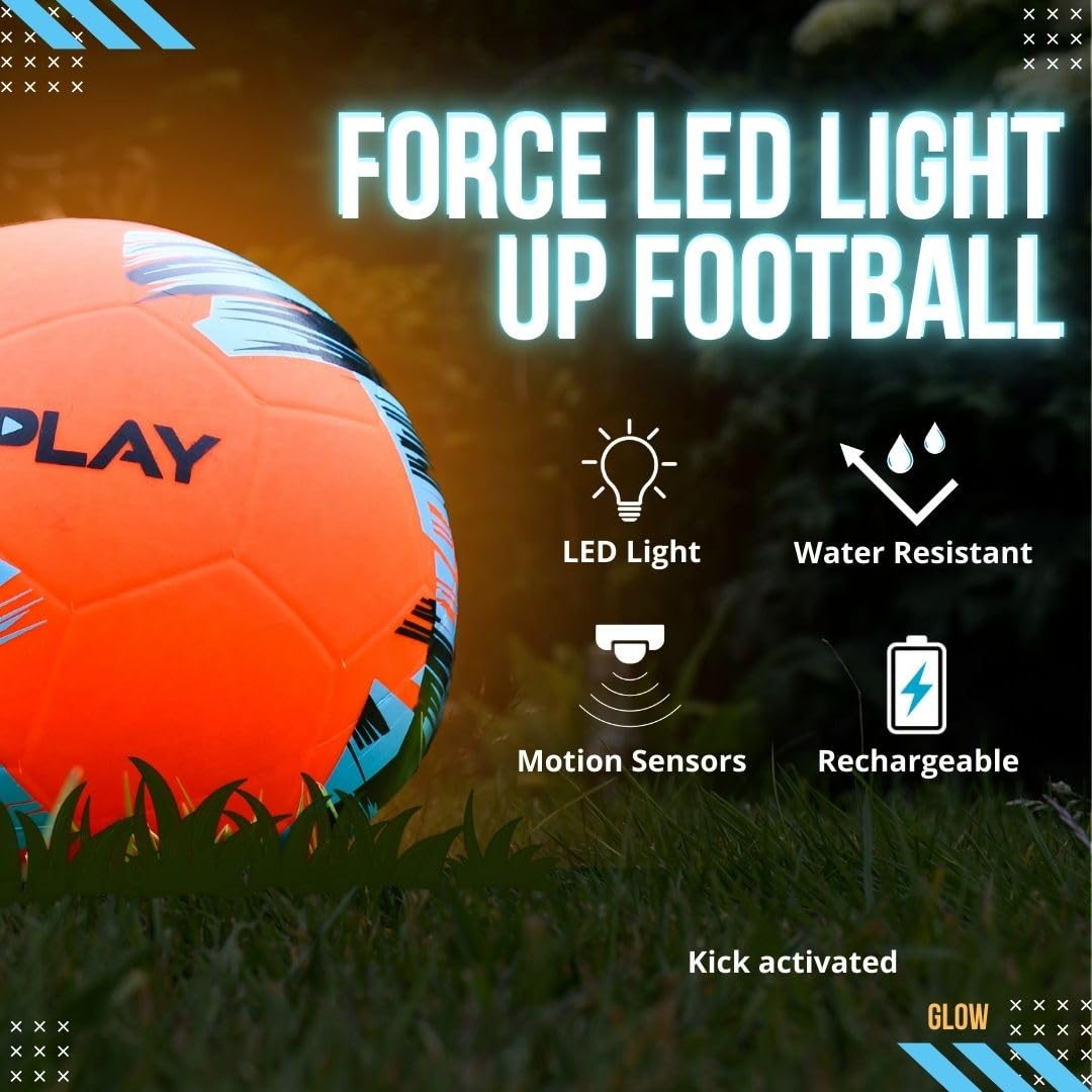 Precision Play Force - Balón de fútbol con luz LED, Brilla en la Oscuridad, Recargable y Resistente al Agua, Naranja Fluorescente, construcción de Goma Duradera, tamaño 5