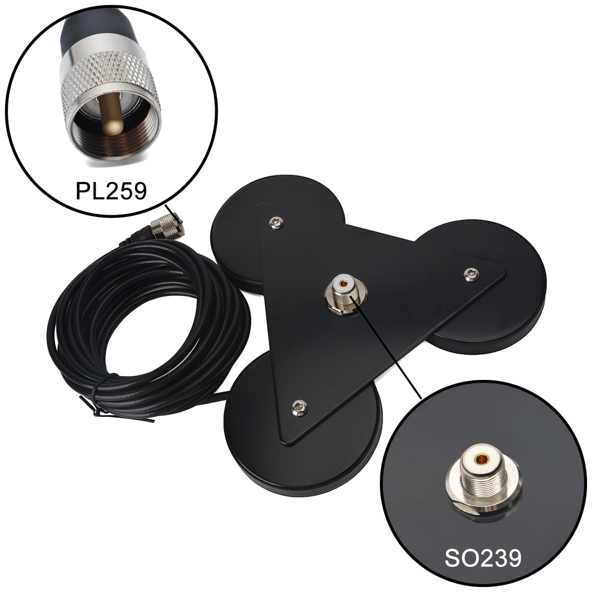 Base Montage Magnétique Robuste pour Antenne CB/VHF/UHF avec Connecteur SO239, Câble Coaxial RG58 PL259 de 5 mètres, pour Voiture/Camion, Extérieur, Maritime