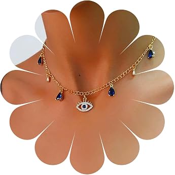 Bohemian Sapphire Pendant Gold Crystal Devil Eye Choker Teardrop Sapphire Blue CZ Eye Jewellery for Women and Girls Gifts