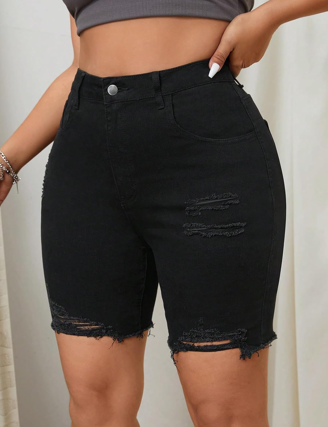 MapleHub Womens Plus Size Denim Shorts High Waisted Stretchy Ripped Midi Bermuda Roll Hem Jean Short