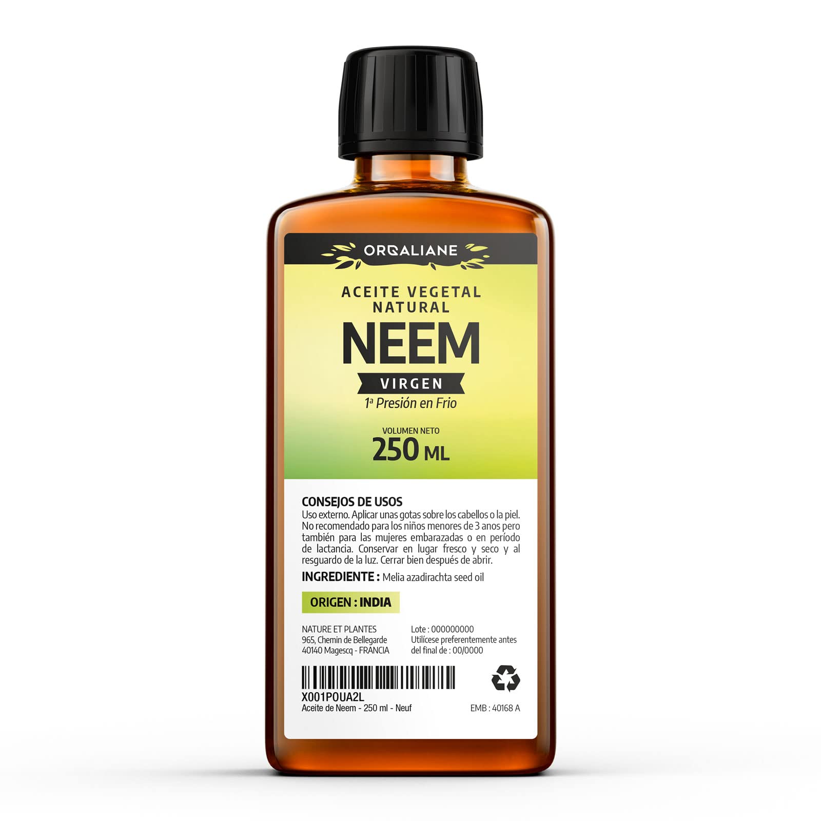 Aceite de Neem Virgen 250 ml - ORGALIANE - Puro, Natural y Pensado en Frío - Piel, Cabellos, Plantas