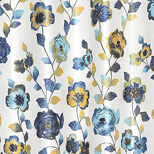 Image of 9 Feet Polyester Floral Light Filtering Long Door Curtains for Bedroom, Living Room & Hall, Eyelet Top, Aqua Print & Solid Plain Curtain Set of 3