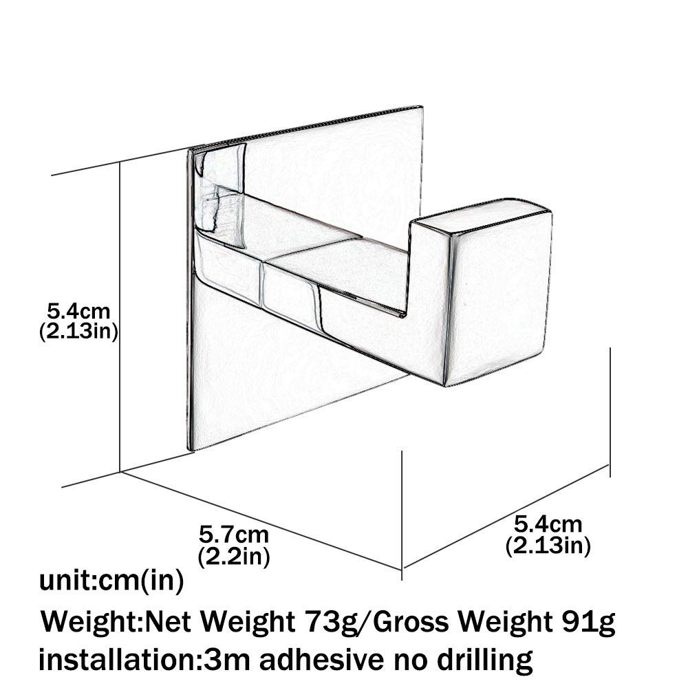 Flybath Square Coat Hook SUS 304 Stainless Steel Towel Robe Door Hooks Wall Mounted Self Adhesive No Drilling, Mirror Polished - 2 Pack