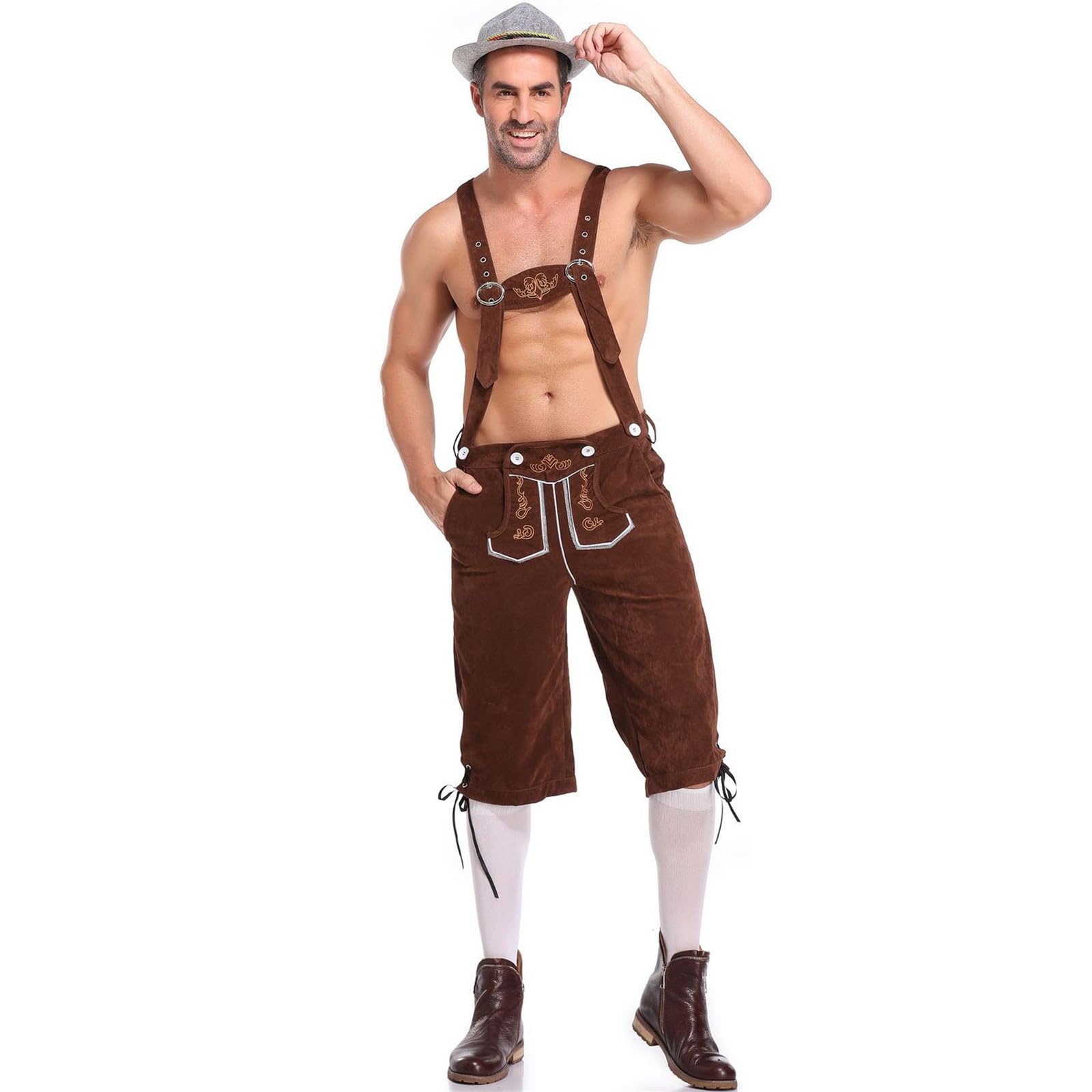 Lederhosen Men German Authentic Bavarian Costume Traditional Oktoberfest Outfit Fancy Dress Ethnic Suspender Costume Beer October Festival and Halloween Dress Up Coffee