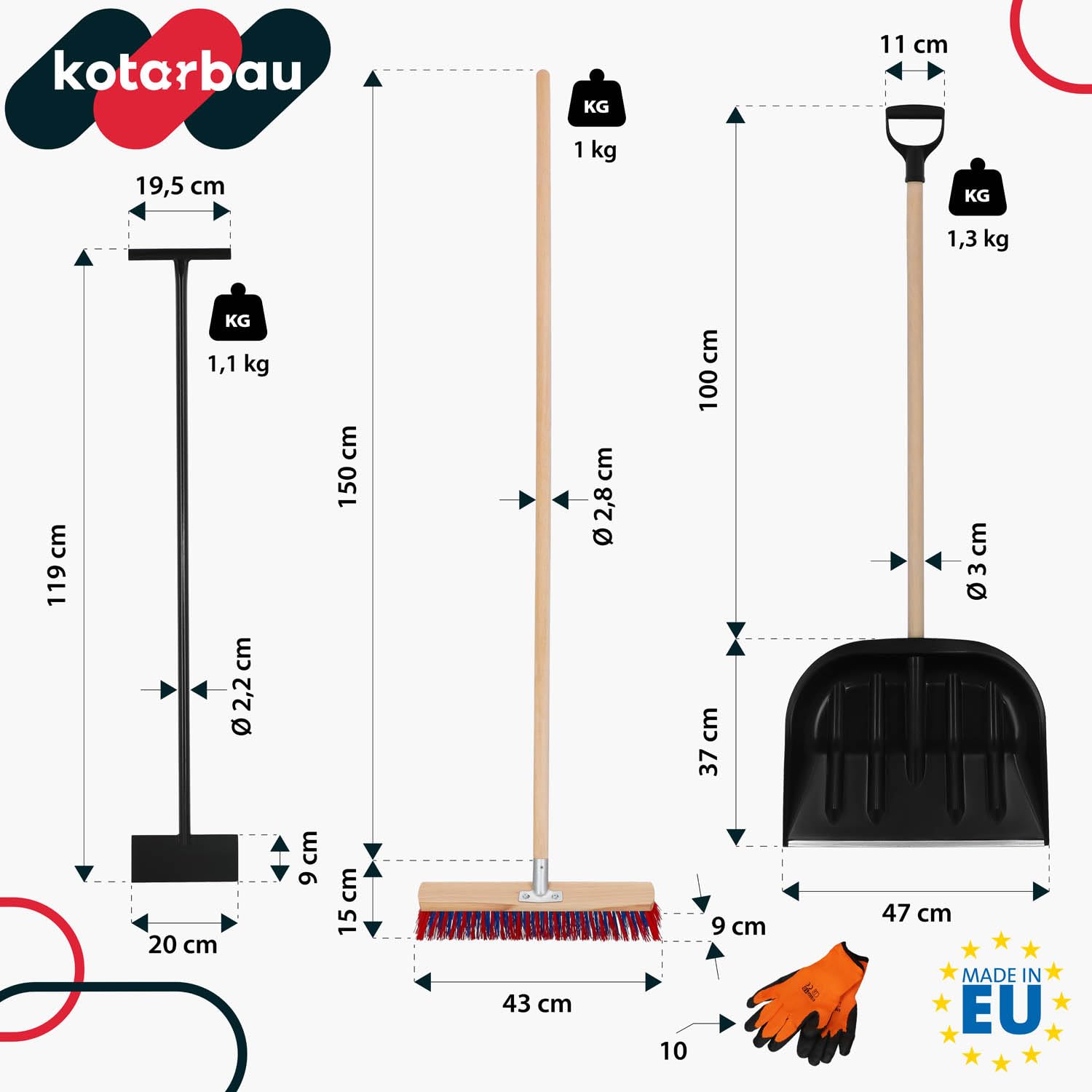KOTARBAU® Juego de pala de nieve con mango de madera, 137 cm, con mango de 43 cm, raspador de hielo de 119 x 20 cm + guantes, pala de nieve, pala de nieve, mango de madera para quitar la nieve — view 3