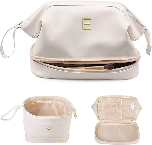 Bolsa de maquillaje grande con inicial, bolsa de cosméticos personalizada de doble capa con organizador de brochas de maquillaje, impermeable, bolsa