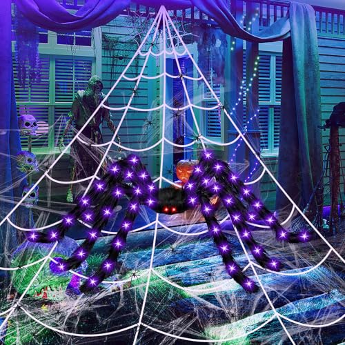 Songjum Halloween Decorations 6.5ft Giant Spider Lights 16.4ft Spider Web 40g Stretch Cobweb and 22 Mini Spiders for Yard House Garden Outdoor Indoor Party Haunted Decor
