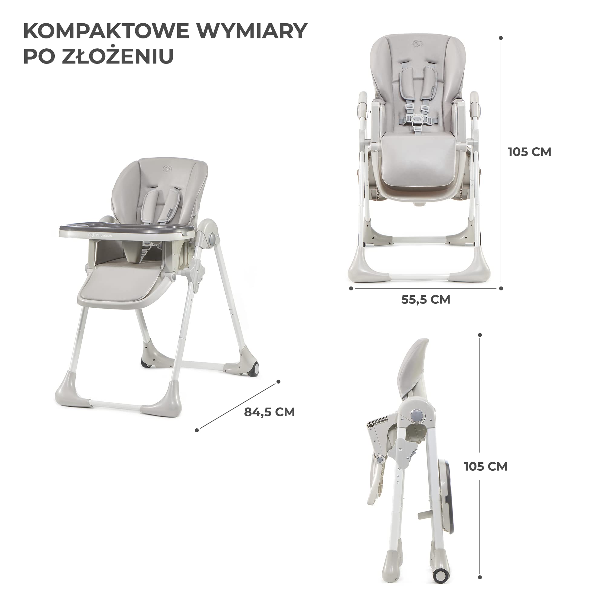 Kinderkraft Krzesełko do karmienia YUMMY, Krzesło, Zdejmowana tacka, Regulacja wysokości, Regulowane oparcie i podnóżek, Proste składanie, Łatwy w czyszczeniu, Kółka ułatwiające transport