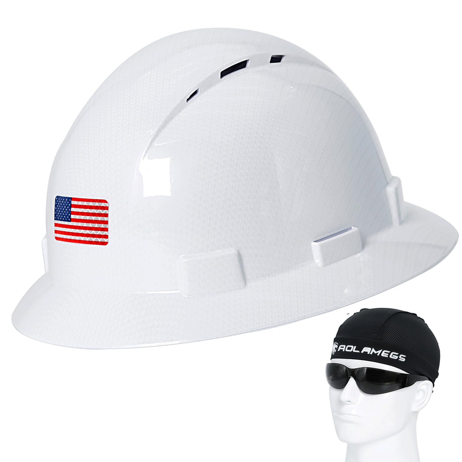 Aolamegs Safe Full Brim Hard Hat -Carbon Fiber Design Hard Hats with Safety Glasses and Liner for Men Women, ANSI Z89.1 Construction OSHA Approved Safety Helmet Hard Hat with Chin Strap and Sun Visor