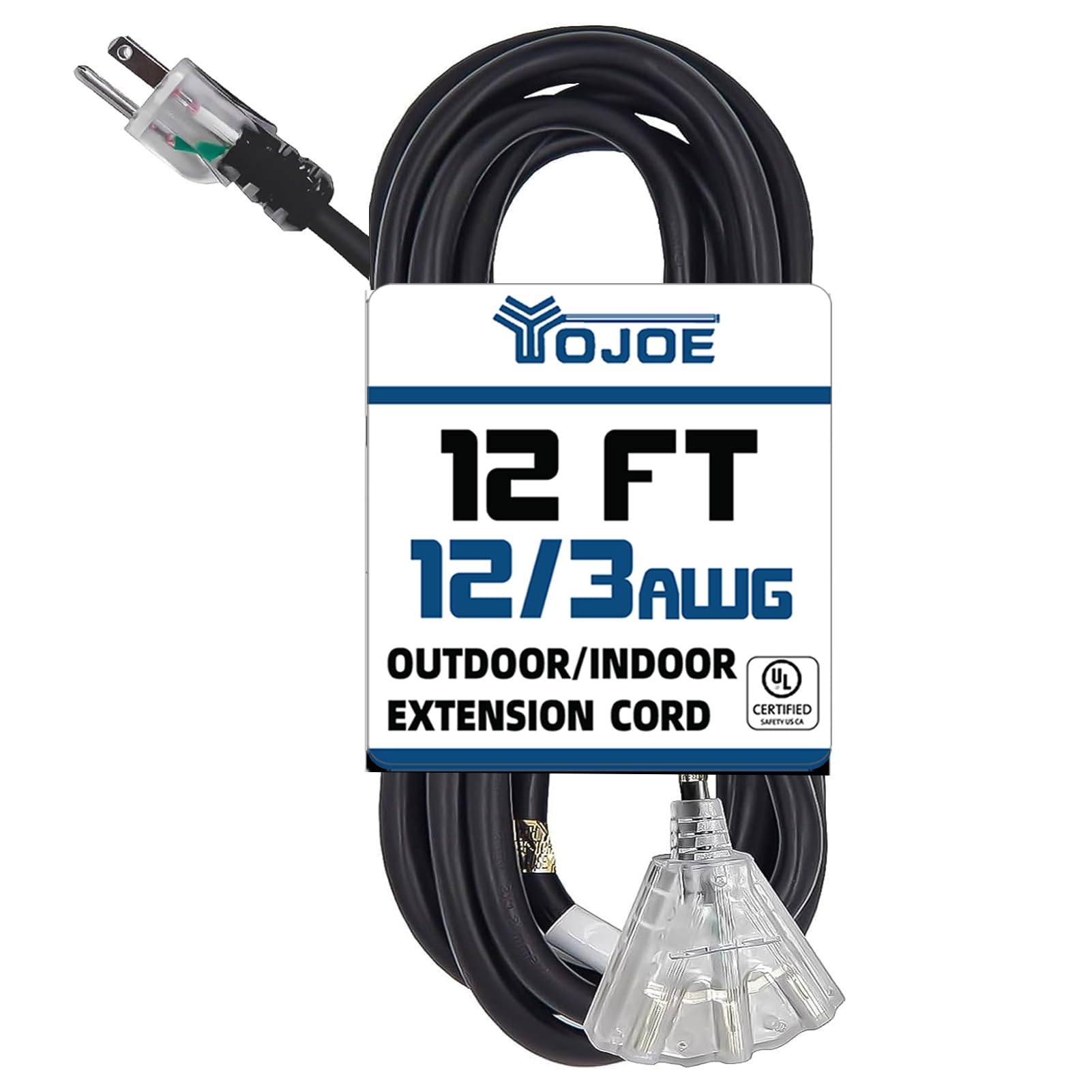 YOJOE - Cable de extensión negro de 12 pies, cable de extensión para exteriores iluminado de calibre 12 con múltiples tomas, cable de extensión SJTW de 12/3 con enchufe de tierra de 3 puntas para