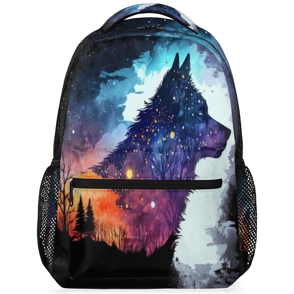 Pardick Galaxy Wolf Backpack for Girls Boys Kids Forest Wolf 16inch Laptop Backpacks Lightweight Waterproof School Bookbag Travel Daypack Computer