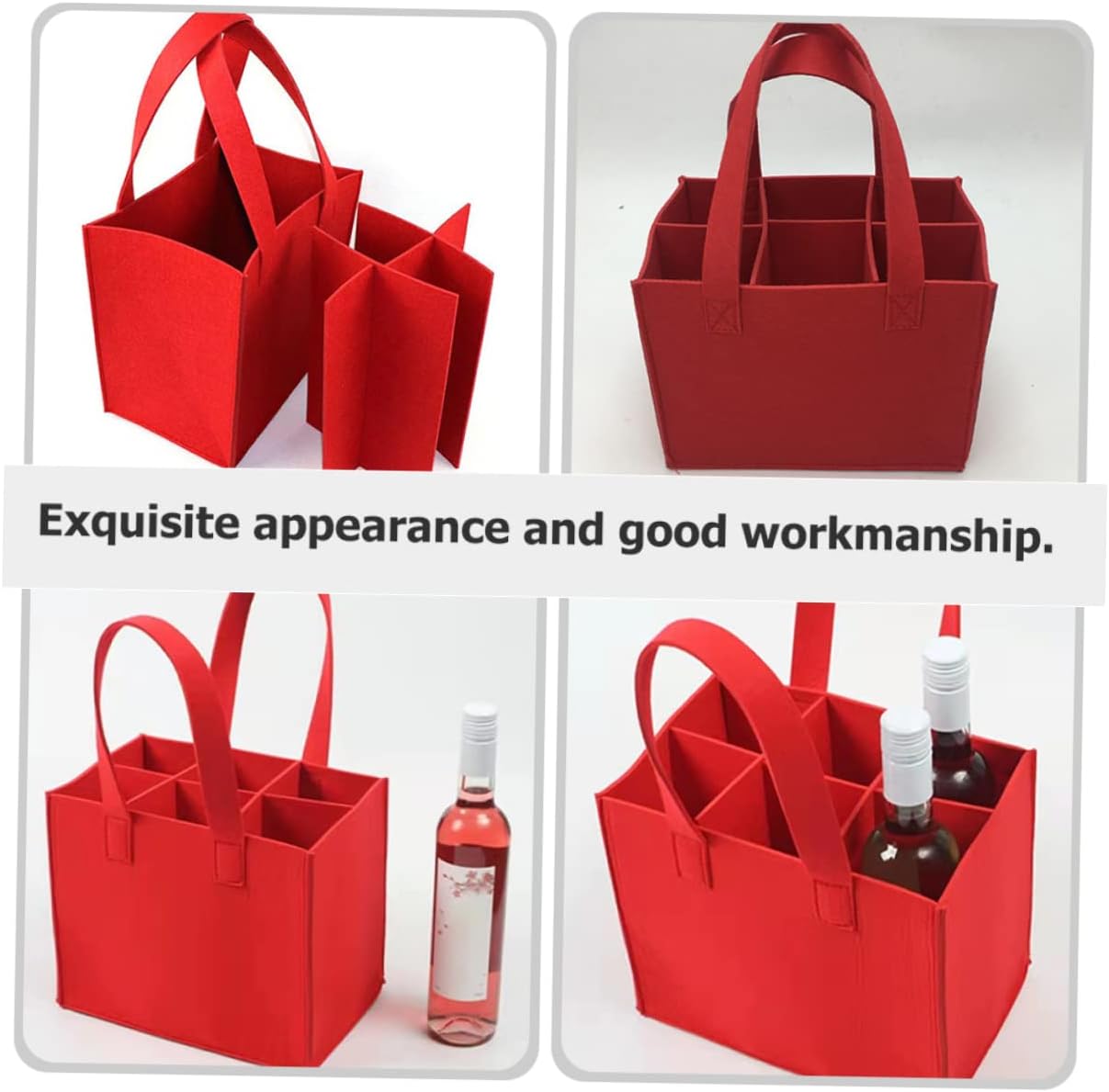 Divided Felt Wine Bag Holds 6 Bottles, Red Reusable Carrying Tote