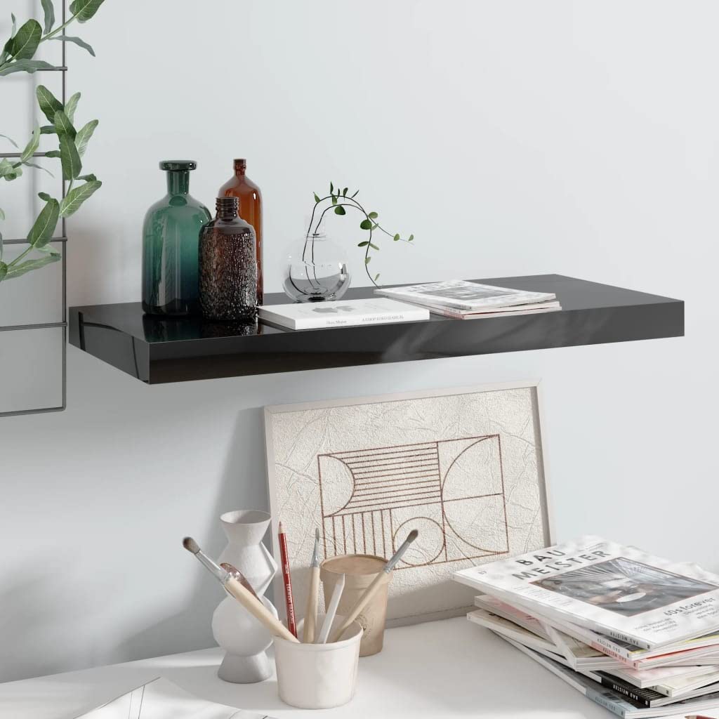 YUANCHUTOP Floating Shelves, Black Gloss Wall Mounted Shelf with Invisible Brackets Book Plant Display Rack Storage for Bathroom Living Room Bedroom Entryway Hallway, 60cm