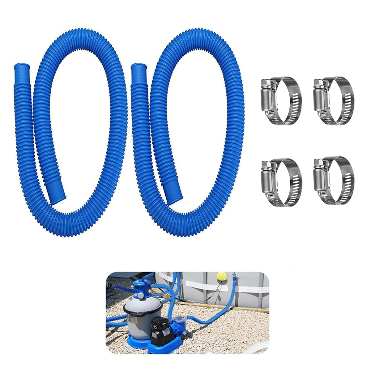 Swimming Pool Pump Replacement Hose, 2Pcs 32mm Above Ground Pool Hose with 4 Metal Clamps, Pool Filter Hoses for Above Ground Pools and Filter Pump1.5m/59in x 32mm/1.25in (L*D)