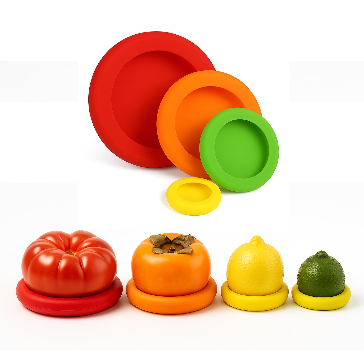 Silicone Food Covers Set of 4 – Reusable Stretch Lids for Cut Fruits & Vegetables – Airtight Seal – Fits Tomato, Lemon, Onion, Avocado – Kitchen Storage Helpers