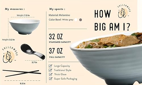 Miniatura 2 de Juego de 4 tazones de ramen, 12 piezas Pho, sopa japonesa asiática gris y blanca. Utensilio cucharas y palillos. Melamina. Fideos grandes de 37