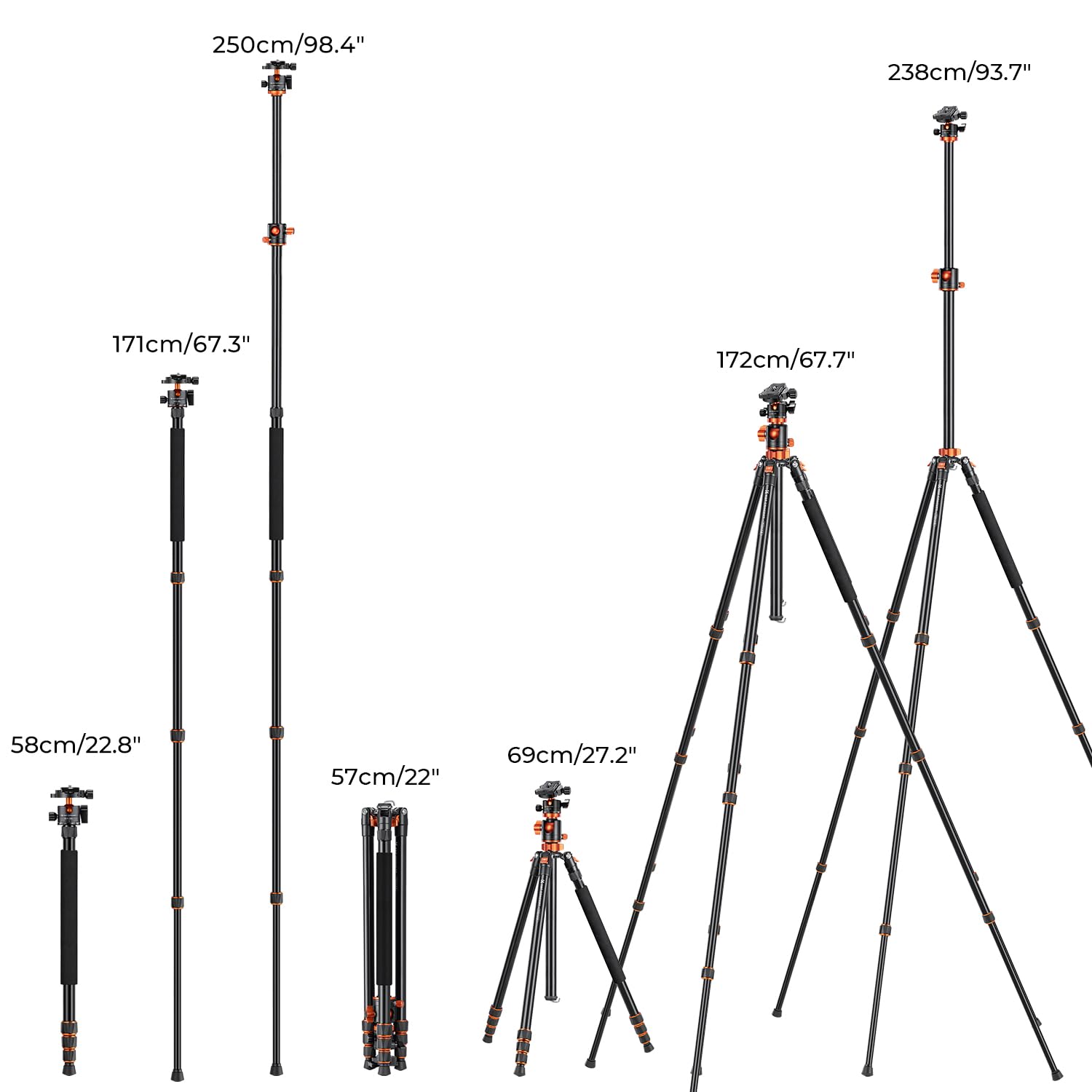 K&F Concept 238CM Stativ, T254A8(SA254T1) Kamerastativ mit verlängerten 90° Mittelsäulen, 360° Panorama Fotostativ mit Tragtasche, Tripod mit Schnellwechselpatte für Digitalkamera