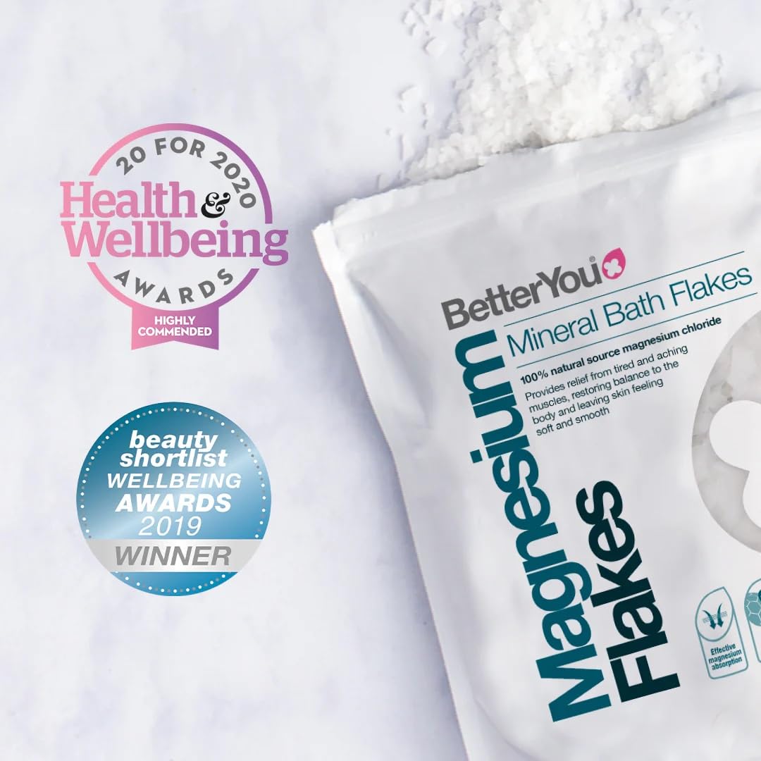BetterYou - Przezskórny magnez w płatkach 1 kg | Mineralne sole do kąpieli | Pomaga poprawić odpoczynek i regenerację mięśni | Zmniejszenie zmęczenia i zmęczenia | Odpowiedni dla wegan