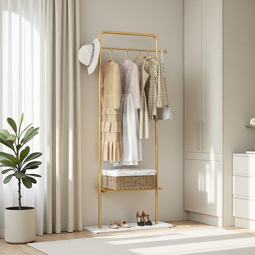 KaKaBB Gold Clothing Rack with Shelves, Coat Racks Freestanding with Marble Base, Clothing Rack for Hanging Clothes, Gold Garment Rack for Boutiques,