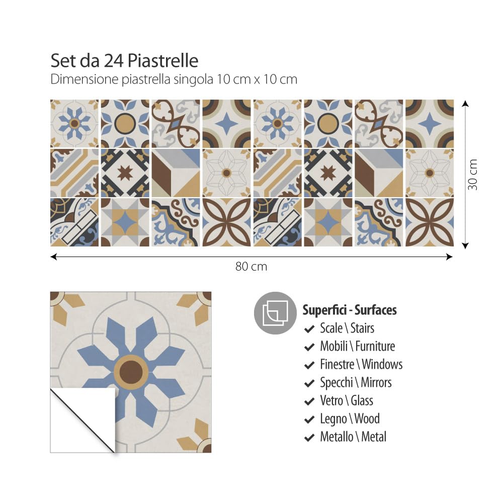 RE-COVERTILES - Adesivi per Piastrelle Bagno e Cucina 24 Pz 10x10 cm - PS00212 Decorazione murale in PVC Impermeabile mattonelle Mosaico Stile cementine Azulejos