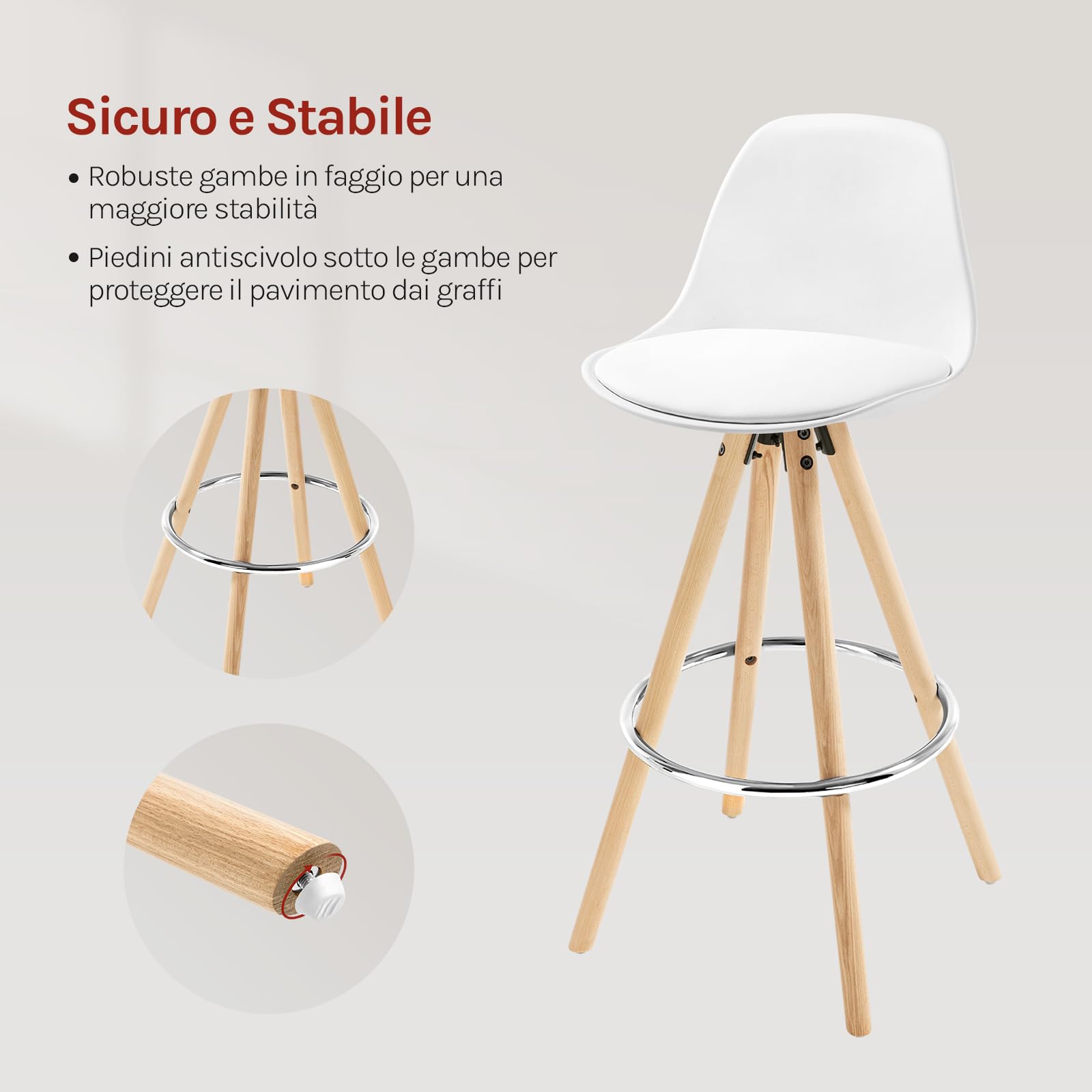 WOLTU Sgabelli Bar Set di 2, Sedia Alta con Schienale e Poggiapiedi per Isola Cucina, Pub, Sala da Pranzo, in Gambe Legno, PU, Bianchi