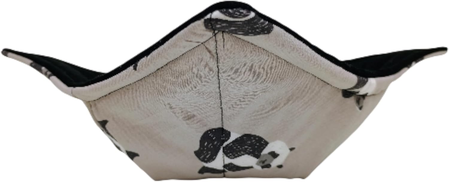 Set of 2 Bowl Cozies - Playful Grey Panda Bear Quilted Cotton Reversible microwavable Soup Bowl Holder or Cozy